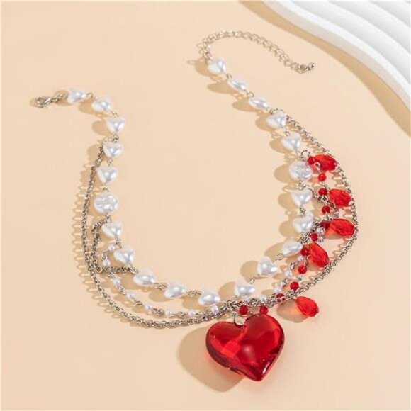 Layered Chunky Puffy Heart Choker Necklace Cute Y2k Necklace Red Crystal Heart - Picture 2 of 7